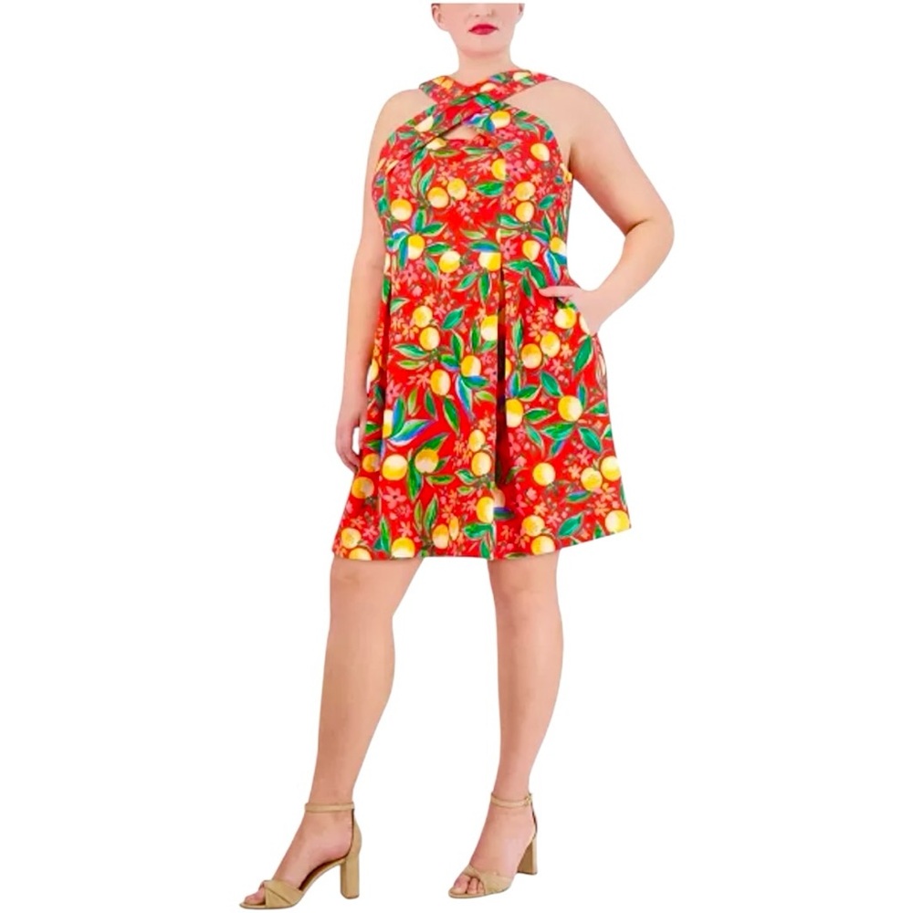 Vince Camuto Red Lemon Print Dress size 22W Halter Neckline Sleeveless NWT